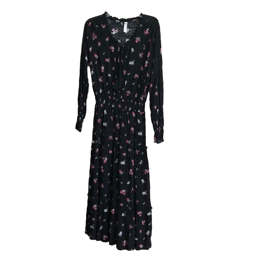 AMERICAN RAG Black Floral Smocked Peasant Dress Long Sleeve Size Medium - Picture 2 of 14